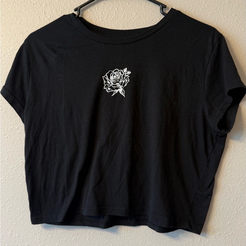 No Boundaries Black Crop Top with White Rose Embroidery